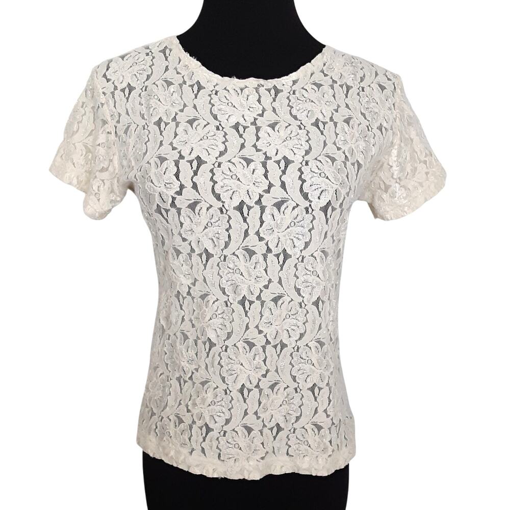 Vintage Y2K Lace Baby Tee White Semi Sheer Layering Top Fairycore Coquette